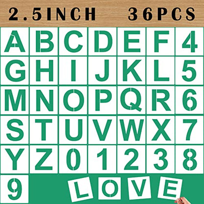 36PCS Letter Stencils 2.5 inch Reusable Plastic, Small Alphabet and Number Stencils for Painting on Wood, Wall, Fabric, Tracing, Rock, Chalkboard, Signage - color: 2.5 inch