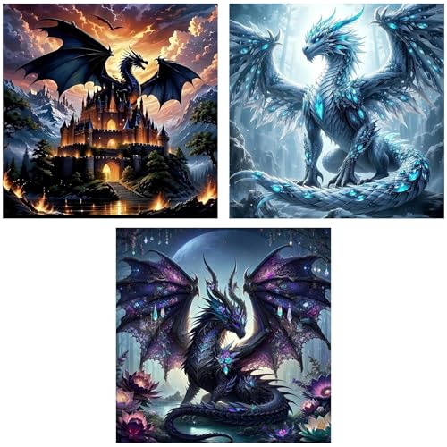 Ekuxom 3 Pack Diamond Art Kits for Adults-Dragon Diamond Painting | 5D DIY Full Round Drill Diamonds Gem Art Set for Home Wall Decor 14x14inch - color: Dragon