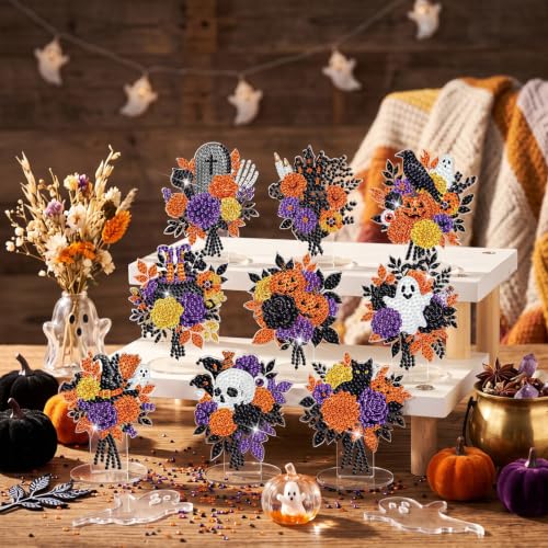 Kosiz 9 Pcs Halloween Diamond Painting Tabletop Decorations Halloween Flower Diamond Art Kits for Adults Double Sided Acrylic Pumpkin Centerpieces Sign for Table Beginner DIY Crafts Gifts Party Decor - style: Halloween Flowers