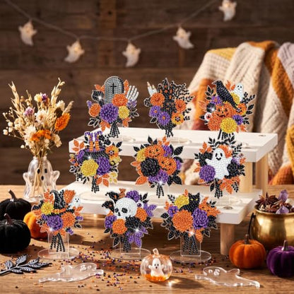Kosiz 9 Pcs Halloween Diamond Painting Tabletop Decorations Halloween Flower Diamond Art Kits for Adults Double Sided Acrylic Pumpkin Centerpieces Sign for Table Beginner DIY Crafts Gifts Party Decor - style: Halloween Flowers