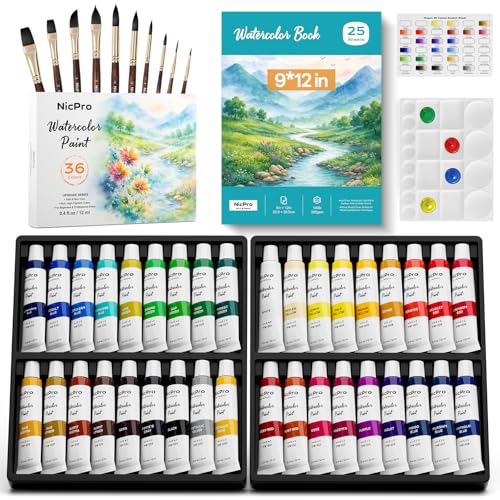 Nicpro Watercolor Paint Set for Adults, 36 Colors Watercolor Tube Set | 12ml/0.4oz Tube, 10 Squirrel Watercolor Brushes, 25-Sheet 9x12“ Watercolor Paper Book, 20-Well Palette, Water Color Supplies - color: 36 Colors (Premium)