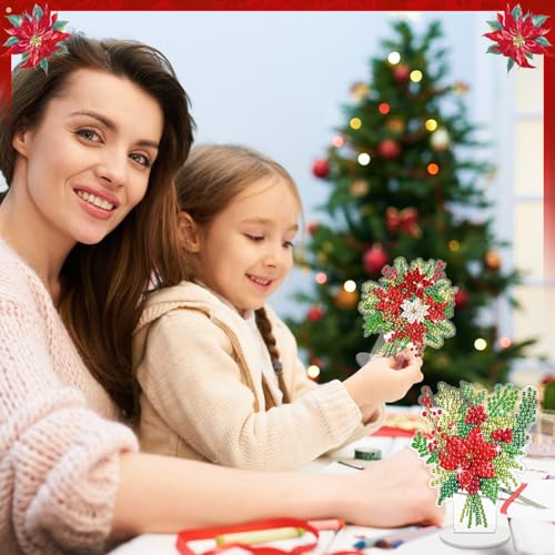 Kosiz 9 Pcs Christmas Poinsettia Flower Diamond Painting Tabletop Decorations Christmas Diamond Art Kits for Adults Double Sided Acrylic Table Centerpieces for DIY Crafts Home Party Decor Xmas Gifts - style: Christmas Flower