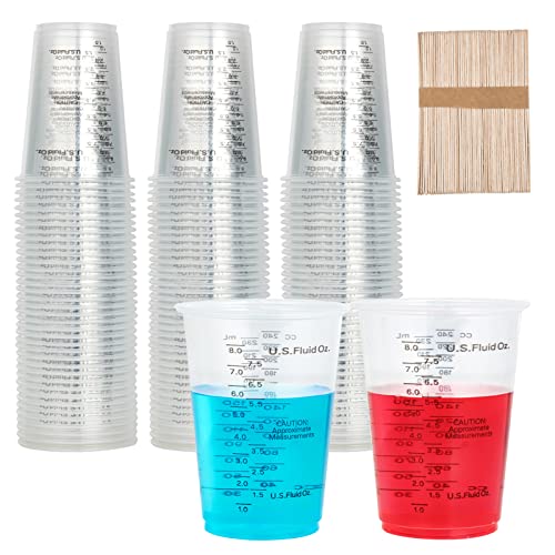 100 PACK 10 oz Plastic Measuring Cups, with 100 Wooden Mixing Sticks | disposable mixing cups versatile for epoxy resin, liquid measuring, DIY crafts, paint, experiment, cooking & baking
