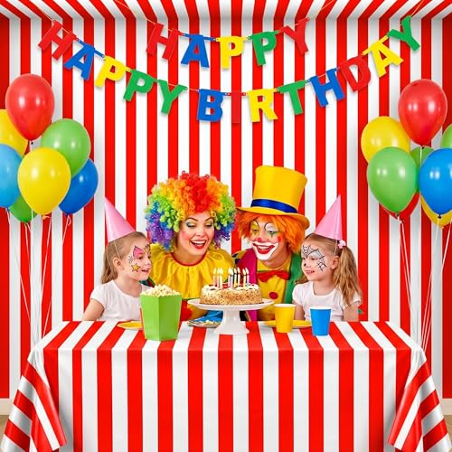 100FT x 54IN Carnival Red & White Striped Tablecloth Roll with Cutter Box | Heavy Duty Disposable Platic Table Cover Wall Backdrop, Cut-to-size for Booths Parties Backdrops - color: Red and White Stripe, size: 1200" x 54" (Rectangular)
