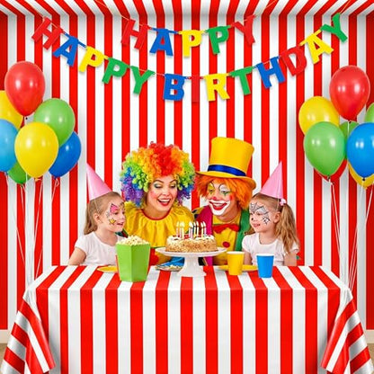 100FT x 54IN Carnival Red & White Striped Tablecloth Roll with Cutter Box | Heavy Duty Disposable Platic Table Cover Wall Backdrop, Cut-to-size for Booths Parties Backdrops - color: Red and White Stripe, size: 1200" x 54" (Rectangular)