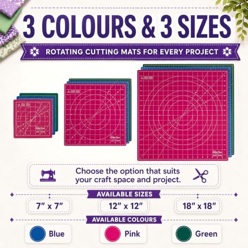 The Quilted Bear 7" x 7" Rotating Self-Healing Cutting Mat, Pink | Square Mat, 360° Rotation, Locking Mechanism, 5-Layer Surface, Non-Slip Base, Clear Inch Grid & Angle Guides for Quilting - color: Pink, size: 7"L x 7"W