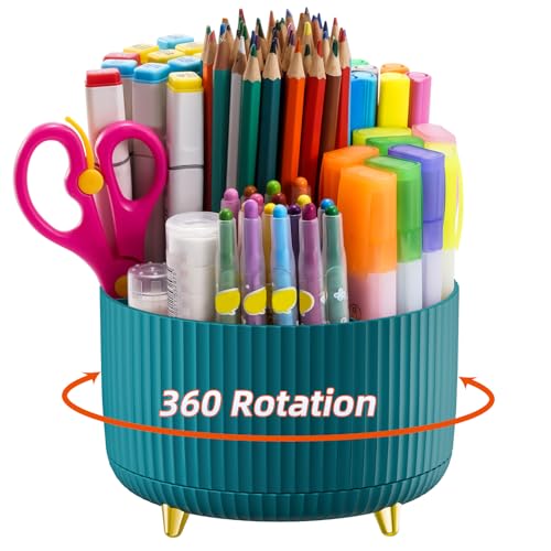 Marbrasse Desk Organizer, 360-Degree Rotating Pen Holder, Desk Organizers and Accessories with 5 Compartments Pencil Organizer, Art Supply Storage Box Caddy for Office, Home（Green） - color: Green