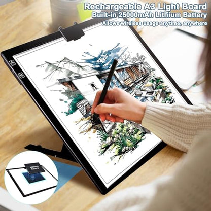 YINGWOND Wireless Rechargeable A3 LED Light Pad w/Built-in Foldable Stand, 3 Color Tone, 6 Levels of Brightness, Battery Powered Evenly Illuminated Light Box for Tracing Drawing and Diamond Painting - style: Rechargeable-A3 Black