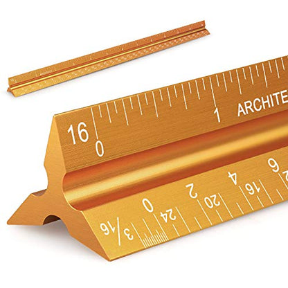 12" Architectural Scale Ruler Aluminum Architect Scale Ruler, Golden | Triangular Scale Ruler for Architects, Draftsman, Students and Engineers - color: Golden