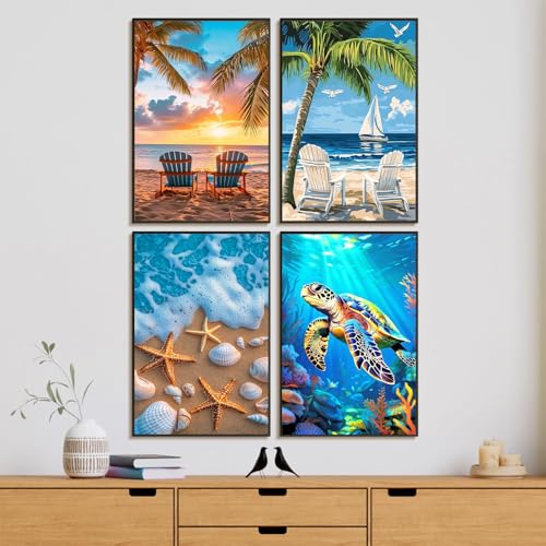 4 Pack Framed Paint by Numbers Kit for Adults with Wooden Easel, Beach | With Frame, Sea Turtle DIY Acrylic Painting, For Adults Beginner, Stress Relief Craft Kits, Home Wall Decor Gift, 8x12 IN - color: YOP4P07