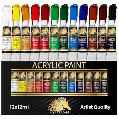 MyArtscape Heavy Body Acrylic Paint Set - 12 x 12ml Acrylic Paint | Rich pigment heavy body acrylic paint for canvas wood fabric with smooth blending and high opacity