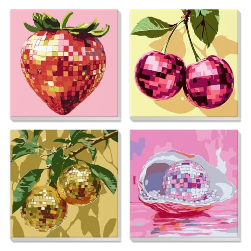 NEWENMO 4 Pack Paint by Numbers for Adults with Wooden Framed, Sparkling Funky Fruit, Paint by Number Kits on Canvas for Beginner, DIY Acrylic Oil Painting Kits for Home Decor 8x8 inch, Disco Ball - color: yellow