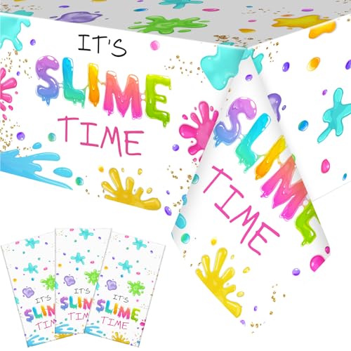 Tingjoo 3 Pack Slime Party Tablecloths It's Slime Time Art Table Covers 54 x 108 Inches Rectangle Glow Table Cloth Plastic Disposable Colorful Tablecloths for Art Birthday Party Decorations (Vibrant) - style: Vibrant Style