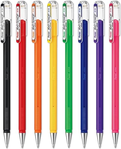 Pentel Mattehop - Liquid Gel Rollerball Pens - K110-1.0mm Nib - 1 of Each Colour - Pack of 8 - In Pillow Packaging