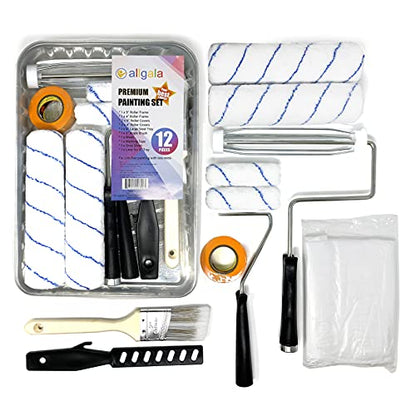 Allgala Paint Roller Kit 12-Piece Premium with Roller Frames, Covers, Steel Tray, Brush, Mixer, Masking Tape etc - TH10302 - color: 12-PC Metal