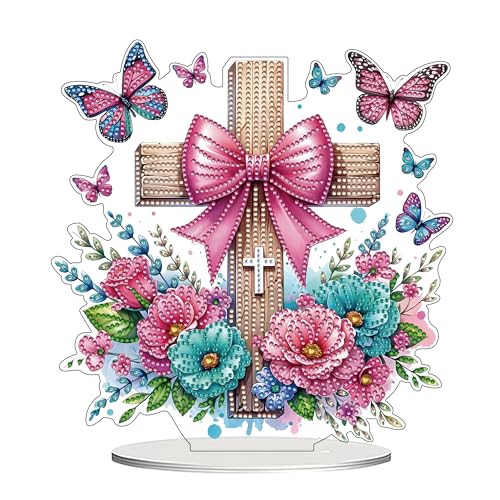 DIY Tabletop Diamond Art Kit for Adult – Gem Painting Art Desktop Ornament with Special Shaped Rhinestones, Acrylic Stand-Up Gem Craft for Home Décor & Gift Idea (Cross) - color: Cross