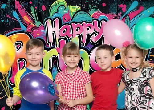 INRUI Colorful Graffiti Happy Birthday Photography Backdrop 6x4FT | Vibrant Drip Graffiti Birthday Art, Lightweight Vinyl, Retro/Hip-hop/Birthday Party Photo Backdrop, Easy Hang & Wipe Clean - size: 6x4FT