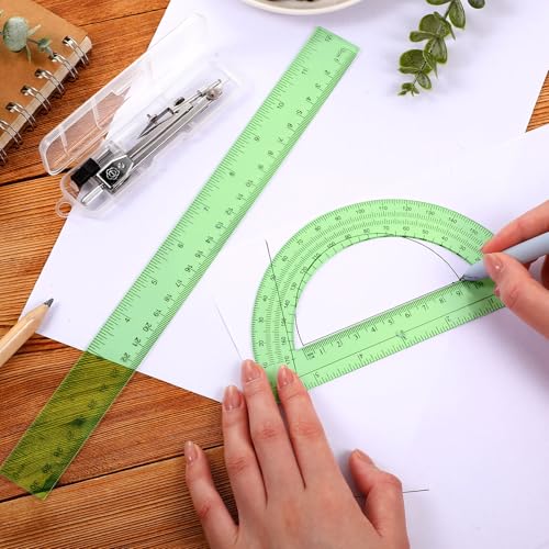 Zonon 3 Pcs 12" Clear Plastic Ruler 6 Inch Protractor Compass Set, Green - color: Green, size: 12 Inch