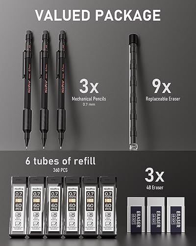 Nicpro 0.7 mm Mechanical Pencil Set with Case, 3PCS Metal Pencil | MP2000 Heavy Duty Lead Pencil + 6 Tube HB Lead Refill, Eraser, Weatherproof Metal Barrel for Outdoor Writing Drafting Drawing - size: 0.7mm