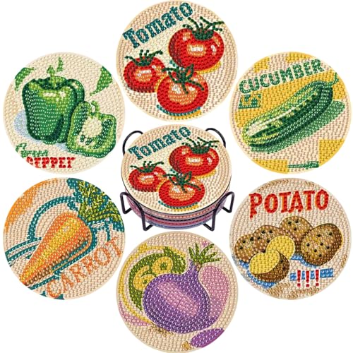 DOTSOPS 6 Pcs Vegetable Diamond Painting Coasters with Holder for Beginners - color: Evegetable