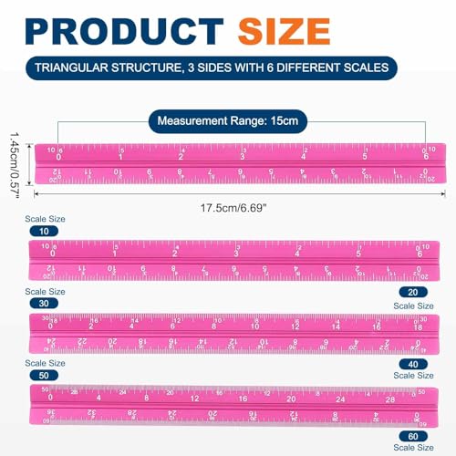 HARFINGTON 2 Pcs Architectural Scale Ruler, 7 Inch Standard Aluminum Alloy Architect Triangular Large Scale Laser-Etched Blueprint Drafting Ruler for Architects Engineers, Rose Red - color: Rose Red, size: 7 Inch