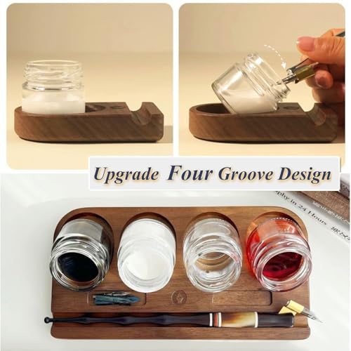 Wooden Tilting Calligraphy Pen Holder with 14Pcs Empty Glass Ink Bottle Container, Calligraphy Oblique Nib Holder Stand Base Set Desktop Tabel Decoration