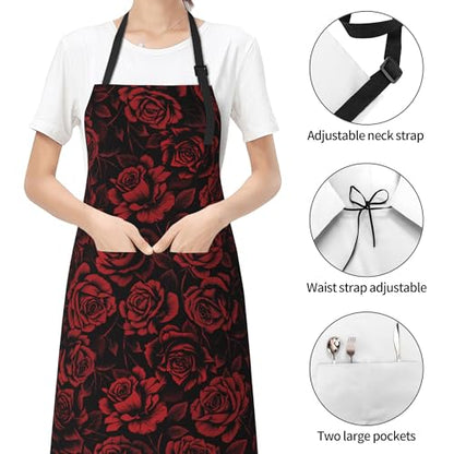 Funny Apron Polyester Grooming Aprons with Pocket for Cooking Kitchen Grilling Adults - color: Red Rose