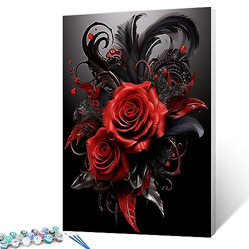 Tucocoo Dark Style Paint by Numbers for Adults and Beginner Beautiful Rose Collar Flower DIY Painting by Number on Canvas with Brushes and Acrylic Pigment for Home Decor Gift with Frame 16 x 20inch - color: Artwork-01, size: 16''x20''(DIY Frame)