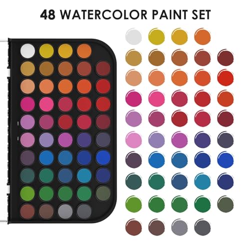 Funto Watercolor Set, 48 Color Paint Set, 10 Brushes, 30 Page Pad(9"x12"), 4 Refillable Pens & More, Painting Kit for Kids, Adults, Beginners - style: 48 Kids Set