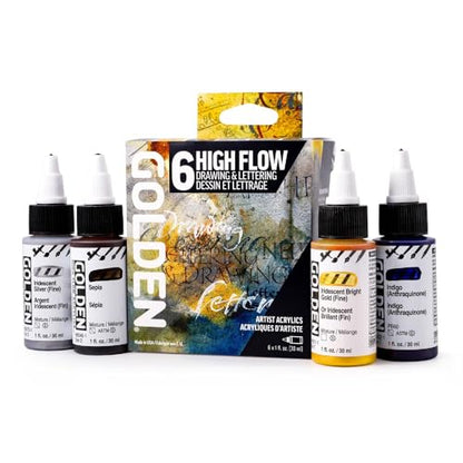 High Flow Acrylics by GOLDEN, High Flow Drawing & Lettering Set, 6 Colors, Professional Acrylic Paint