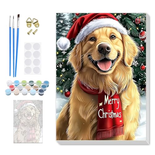 SENQAO Christmas Paint by Numbers for Adults Framed, Golden Retriever Adults' Paint-by-Number Kits, Adult Paint by Number Kits on Canvas, Acrylic Number Painting for Home Decor, 8x12in - color: Golden Retriever