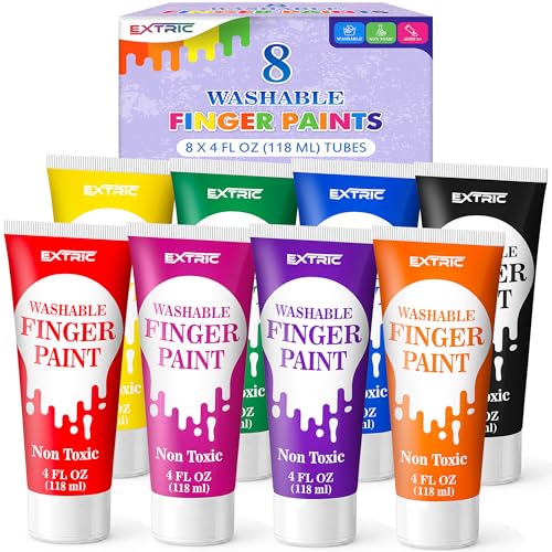 EXTRIC Finger Paint for Toddlers 1-3 Washable 8 PK, 4 OZ Tempera Paints | Includes: 8 Colors of 4 oz Finer Paints, Features: Non-Toxic, Washable, Use: At Home and School Crafts, Ages: Toddler, Kids - size: 4 Fl Oz (Pack of 8)