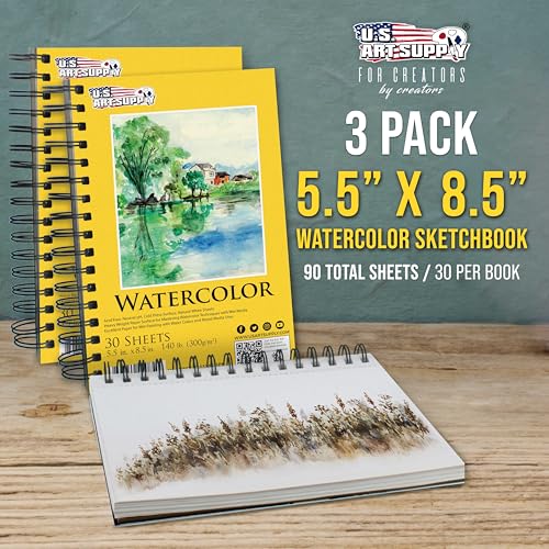 U.S. Art Supply 5.5" x 8.5" Premium Heavyweight Watercolor Paper Pad,3-Pack - size: 5.5-x-8.5-inch