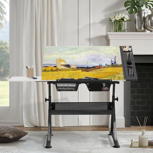 Art Deco Drafting Table, Height-Adjustable, Tiltable Tabletop, Stool for Reading Writing Painting, Homeschooling Desk for Children with 2 Storage Drawers | Stool for Reading Writing Painting, Homeschooling Desk for Children with 2 Storage Drawers，Art Deco
