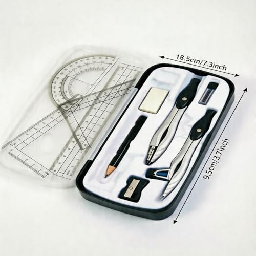 Marte Vanci 10 Piece Geometry Set, Math Geometry Kit with Storage Case, Includes 2 Compasses Rulers Protractor Pencil Eraser Sharpener Lead Refills Student Supplies for Drafting, Math Study (Black) - color: Black
