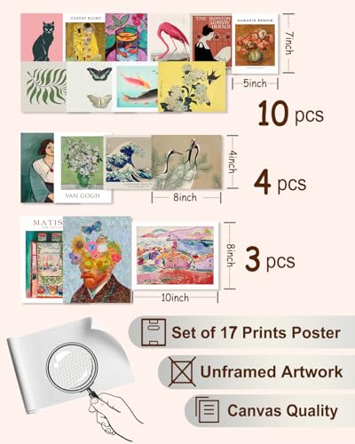 KBKBART Set of 17 Eclectic Wall Art Prints, Colorful Maximalist Wall Decor Canvas Boho Gallery Prints Collage, Vintage Famous Artists Painting Pictures Aesthetic Poster for Funky Room Decor, Eclectic Home Decor for Bedroom Dorm - Unframed - color: Eclecti