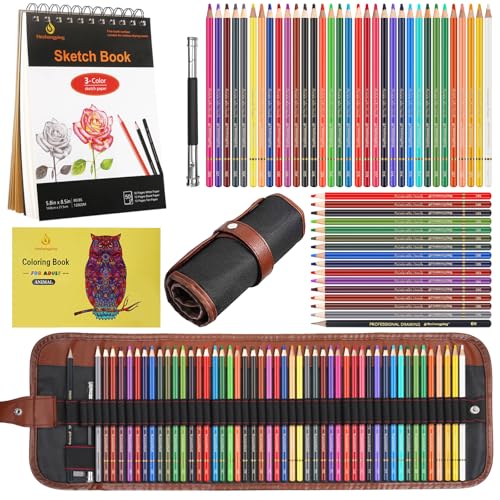 Heshengping 48 Color Colored Pencils Set for Coloring Books with 3-color Sketchbook coloring book Drawing kit Art Supplies with Roll up Canvas Case for Adults Beginners Teens - color: 55 Pack including 48 Color Colored Pencils set