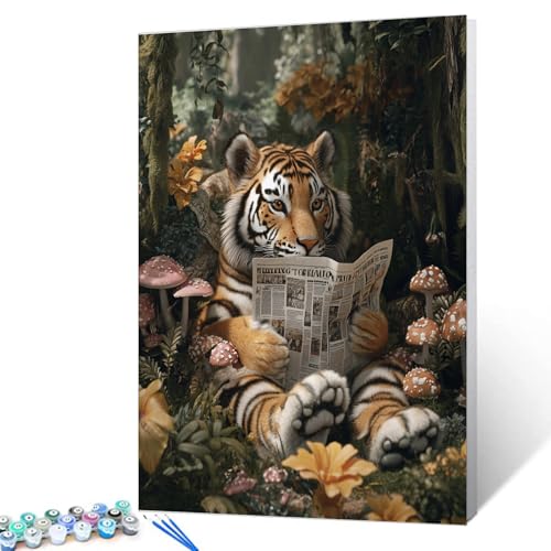 Jungle Animals DIY Paint by Numbers for Adults Tiger Reading Newspapers Digital Oil Painting Forest Kits on Canvas Acrylic Paint DIY Acrylic Paintwork Home Decor Gift 16x20 Inch (Frameless) - color: Hat Animal-10, size: 16''x20''(Frameless)