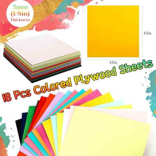 18 Pcs 12 x 12 Inches Double-Sided Colored Plywood Sheets 1/8 Thin Craft Wood for Laser Cutting Engraving DIY Crafts Architectural Models Making (Multicolor) - color: Multicolor