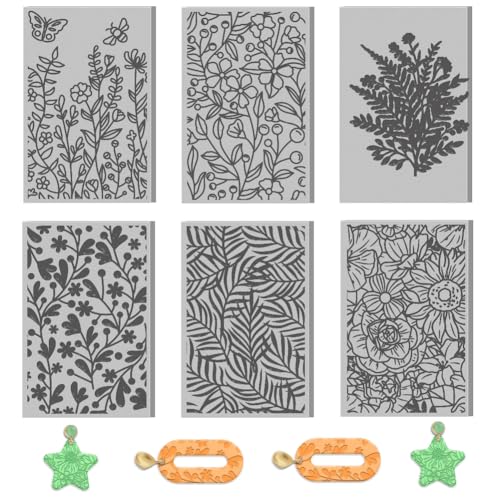 6 PCS Polymer Clay Texture Sheets Plants Clay Texture Mat for Using with Clay Cutters Pottery Earrings Jewelry DIY Making - style: Plant and Flower Theme-6pcs