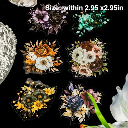 120 Pcs Gothic Floral PET Stickers for Scrapbooking | Blooming in the Dark Night theme with botanical motifs for junk journaling, collage, card making, and DIY crafts - color: Midnight Bloom