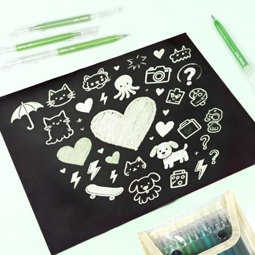 12 Green Glitter Gel Pens Set, 1.0 mm Fine Point for Black Paper & White Paper, Large Capacity Pens for Journaling, Adult Coloring Books, Drawing, Note Taking, Highlighting - color: green