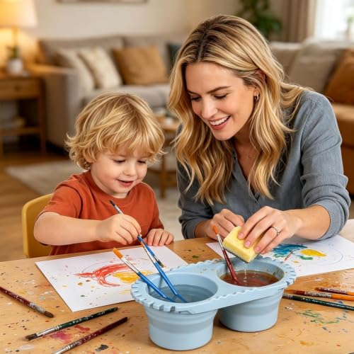 Abaodam Paint Brush Cleaner Cup for Kid Adult Painter Watercolor Acrylic | Dual Compartment Collapsible Silicone Paint Water Cup with 2 Sponges Foldable Water Container for Travel Painting