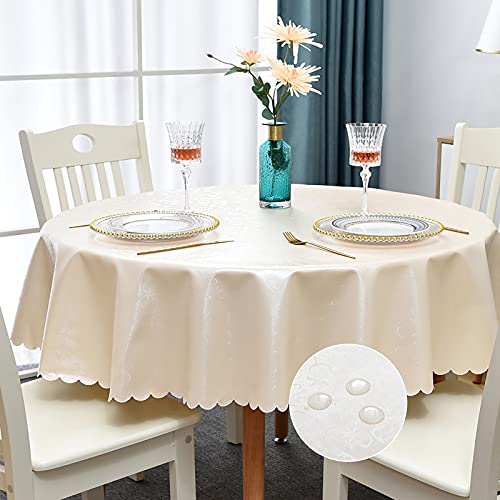 Romanstile Waterproof Vinyl Tablecloth Round, 60 x 60 Inch, Flower Beige | Flannel Backing Wipeable Table Cloth, Heavy Duty Plastic PU Table Cover for Kitchen Dining, Indoor & Outdoor Use - color: Flower Beige, size: 60" (Round)