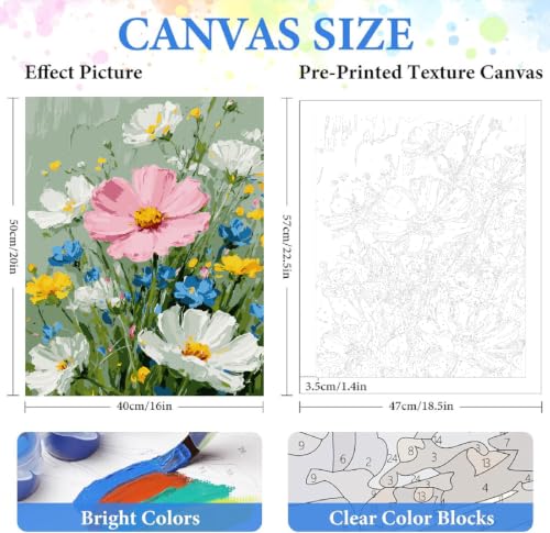 ZRIZQ Flowers Paint by Numbers Kit for Adults Beginner,Wildflowers,16x20 | Full set with wooden brushes,rolled canvas,rich paints.Calming activity.Beginner friendly.Just open and paint. - color: 16"X20"Rolled Canvas - Flowers