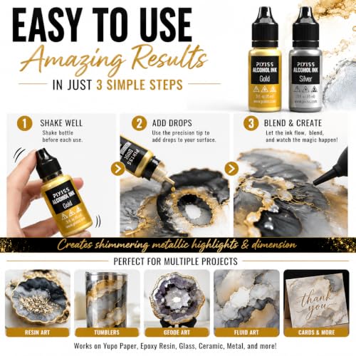 Pixiss Metallic Alcohol Ink Set - Silver and Gold Metallic Alcohol Ink Mixatives, 0.5oz Metallic Alcohol Pigment Resin Dye, Alcohol Inks for Epoxy Resin, Metallic Mixative for Yupo and Tumbler Cups