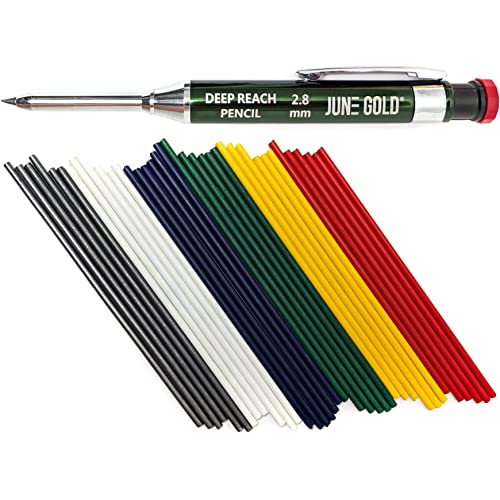June Gold 2.8 mm Deep Reach Metal Carpenter Pencil, 36 Refills, 6 Colors | 40 mm reach, 6 mm width, Built-in Sharpener, Construction, Shop, Glass, Machine, Indoor, and Outdoor
