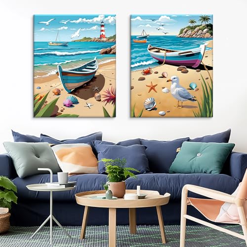 Pangoo Art 2 Pack Paint By Numbers Kit for Adults Beginner, Beach Landscape Paint By Number On Canvas, DIY Acrylic Watercolor Oil Adult Paint By Number for Home Decor 12x16 Inch - color: boat