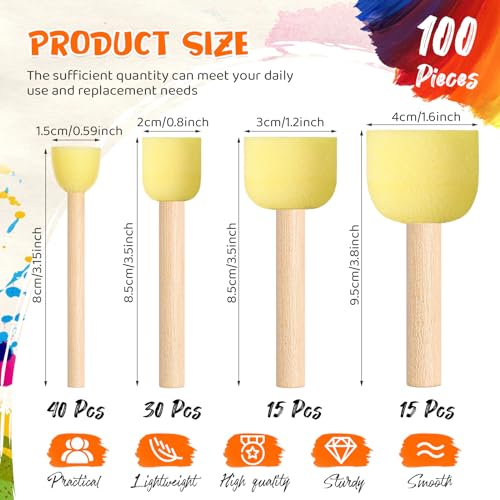 Sabary 100 Pcs Round Sponges Foam Brush Set Paint Sponge Brushes with Wooden Handle Sponge Painting Stippler Set DIY Painting Tools Stippling Kits for Arts and Crafts Acrylic(4 Sizes) - size: 0.6/0.8/1.2/1.6 Inch Set