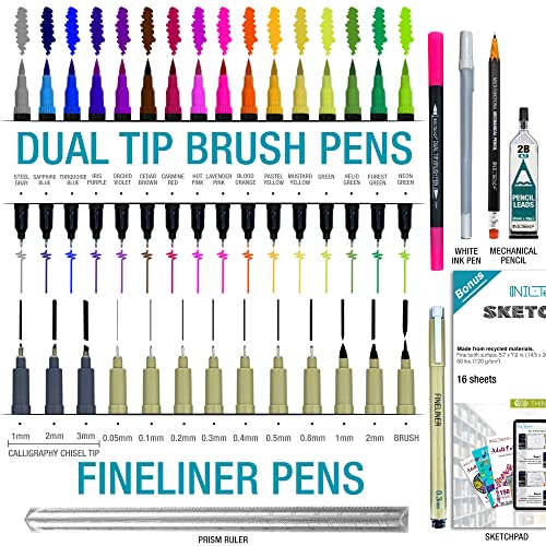 NIL - TECH Professional Artist Drawing Pens Set (36 Pcs) - 16 Dual Brush Markers, 10 Archival Fineliners, 3 Calligraphy Pens, White Gel Pen & Sketchbook - Waterproof Ink for Sketching & Lettering